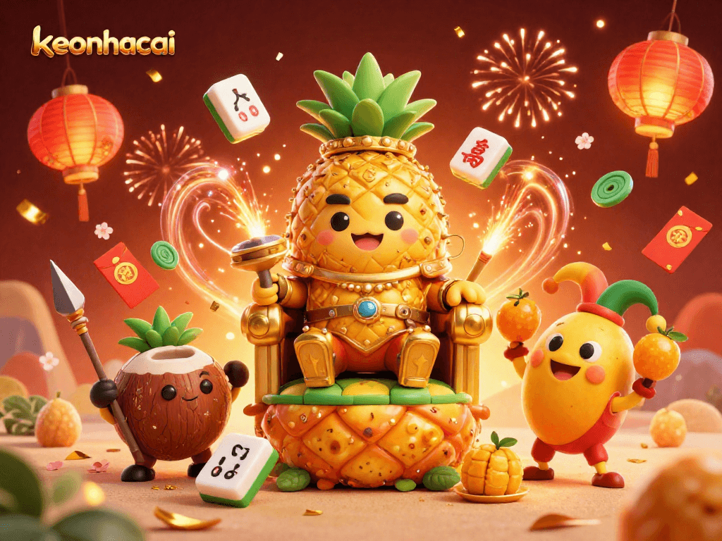 Experience the vibrant atmosphere of keonhacai with a playful scene featuring a pineapple king and festive elements.