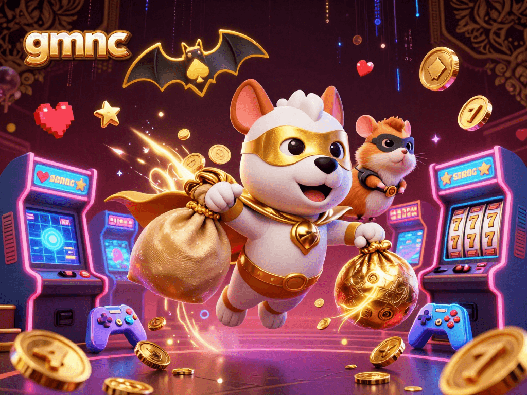 gmnc promotes gaming excitement with a superhero dog and hamster amidst colorful casino elements.