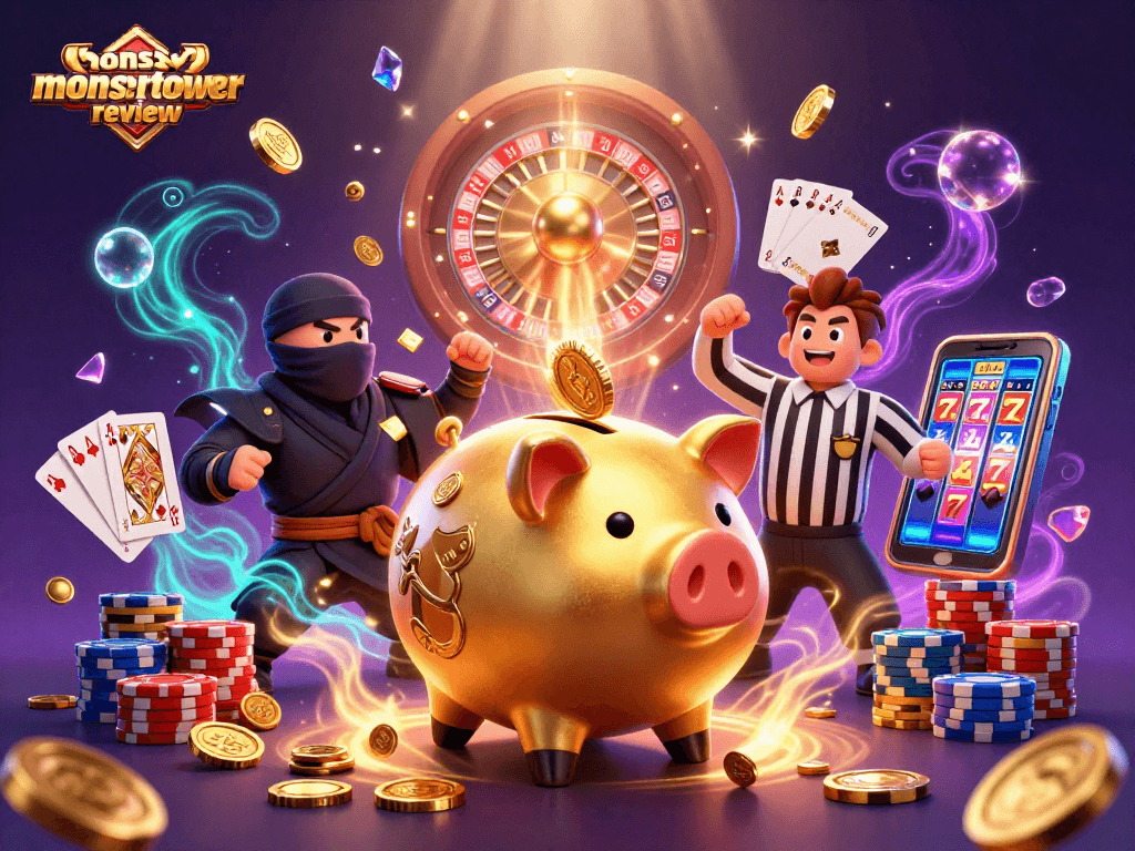 Engage with the world of monstertowerreview showcasing vibrant 3D casino characters amidst a flurry of golden coins.