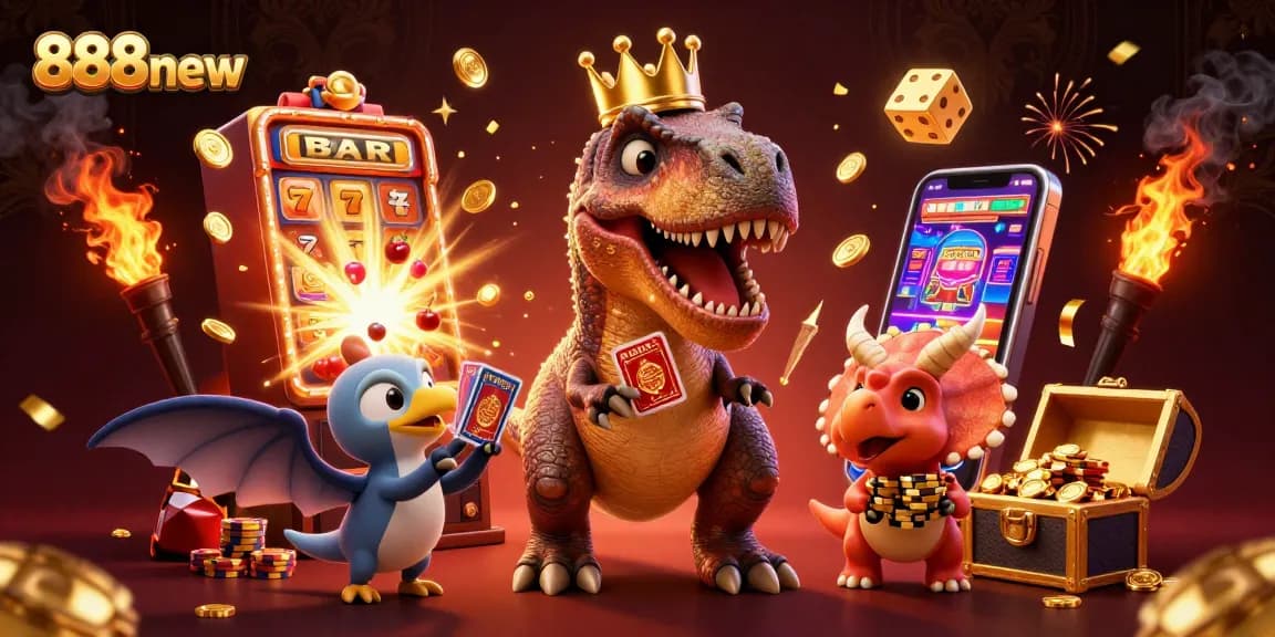 Engage with 888new's vibrant, dynamic casino scene featuring a T-Rex and fun gaming elements.
