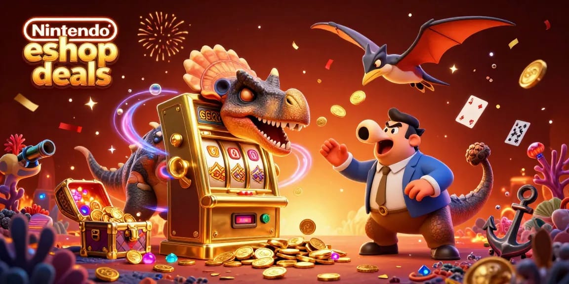 Nintendo eShop deals come alive with vibrant 3D dinosaurs celebrating big wins at a dynamic casino scene.