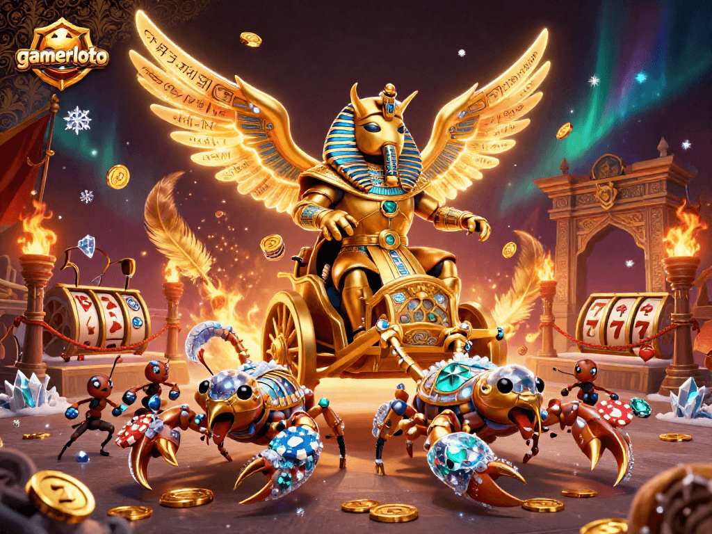 Engage with gamerloto's dynamic casino scene featuring a golden scarab beetle and slot reels.