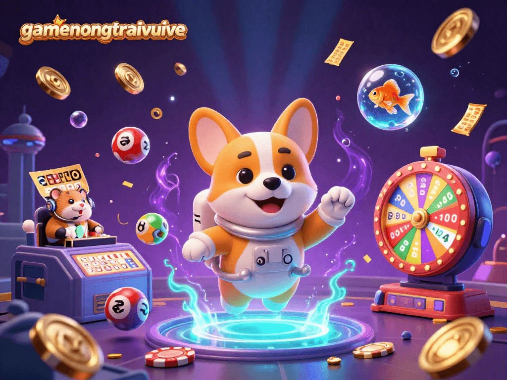 Experience gamenongtraivuive thrilling casino action as characters float amidst colorful gambling elements in a vibrant 3D scene.