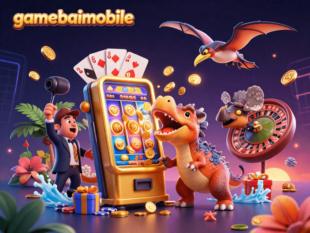 gamebaimobile showcases a pachycephalosaurus celebrating slot machine jackpots amidst vibrant casino elements.