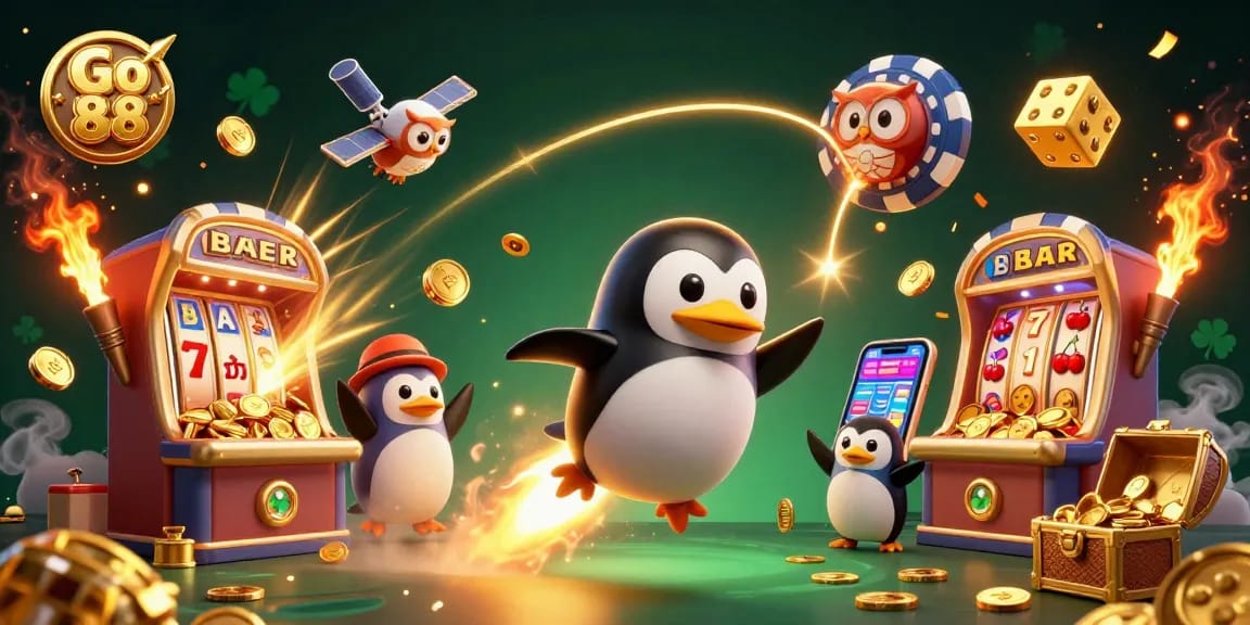 Experience Go 88's exciting adventure with a golden penguin soaring through a jackpot-filled cosmic casino.
