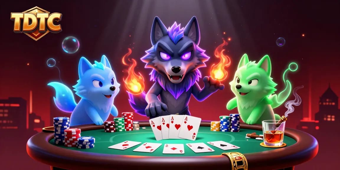 Engage in thrilling poker action with TDTC and spectral wolves showcasing a dynamic gaming atmosphere.