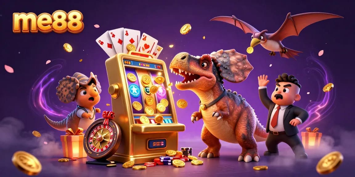me88 players win big as a pachycephalosaurus jackpots on a golden slot machine, with golden coins flying and a buzzing casino atmosphere.