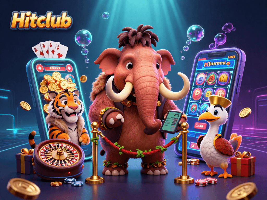 Engage with Hitclub's vibrant casino scene featuring a woolly mammoth bouncer and saber-tooth guest.