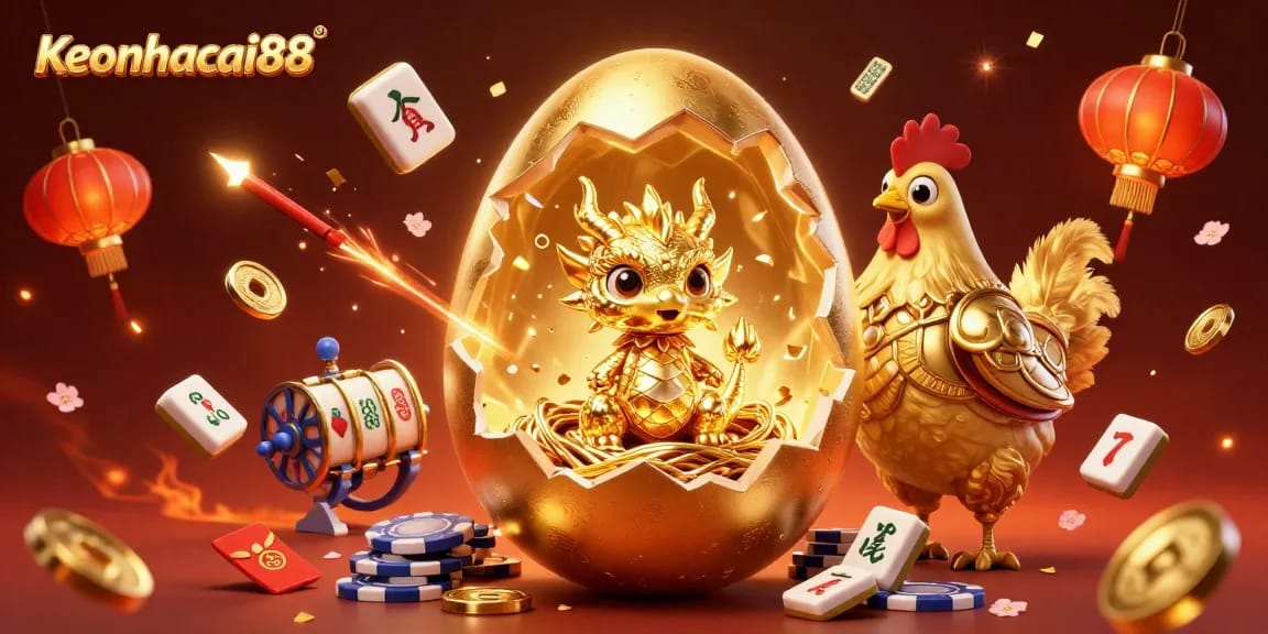 Engage with thrilling slots at Keonhacai88, featuring a stunning golden dragon and dynamic gaming elements.