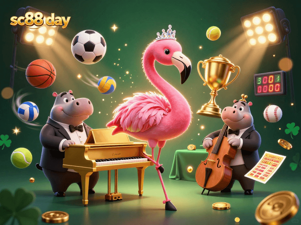 Experience the exciting energy of sc88 day with lucky flamingo and hippo characters at a vibrant casino scene.