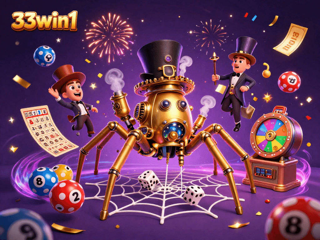 33win1 showcases a golden spider web of luck and fun with vibrant gambling elements.