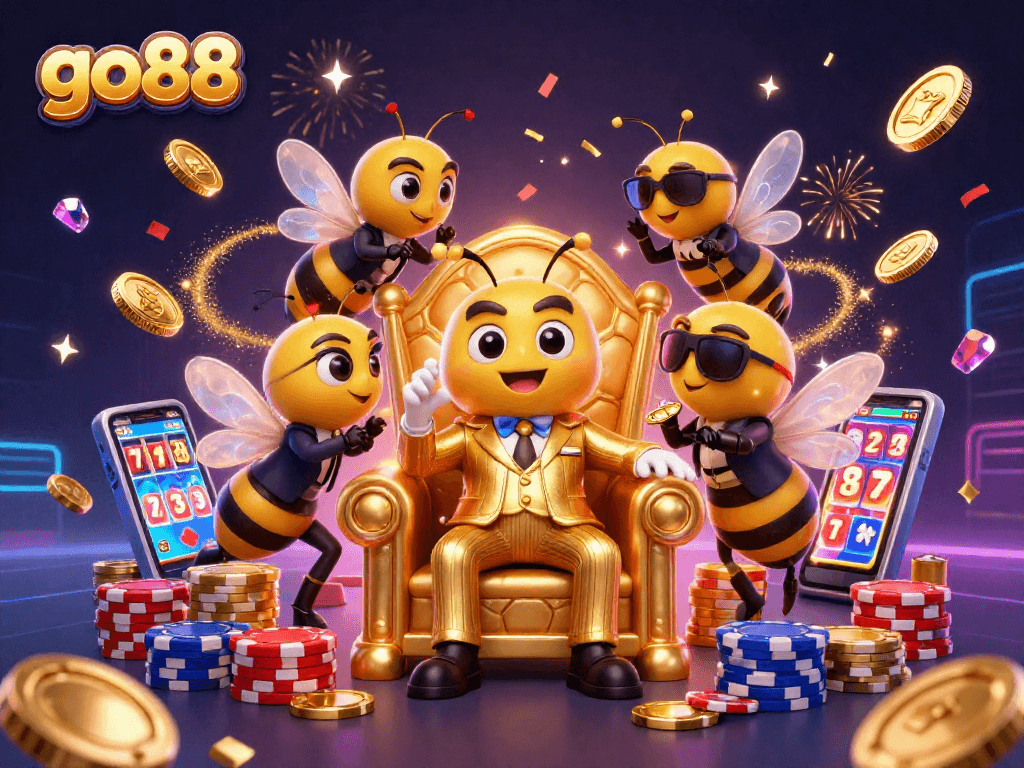 Engage with the dynamic go88 casino scene featuring a bumblebee mob boss amid cascading coins and poker chips.