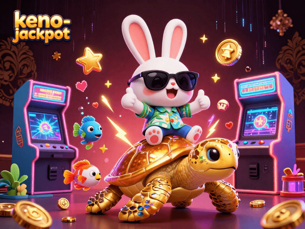 Engage in keno-jackpot excitement with a cheerful rabbit and majestic turtle in a vibrant 3D digital scene.