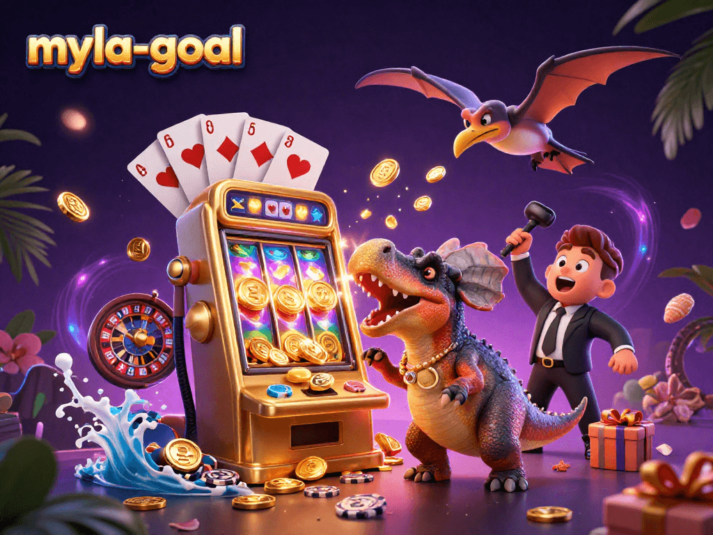 Experience the thrill of myla-goal as dinosaurs collide with a jackpot slot machine in a vibrant casino scene.