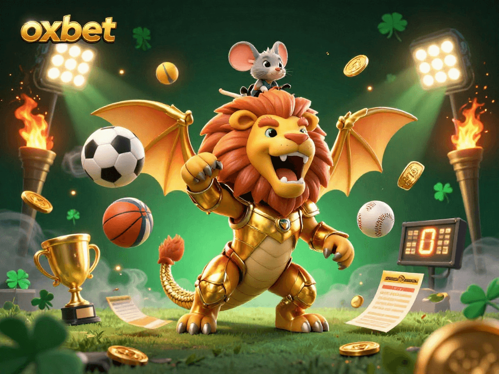 Experience thrilling sports betting with oxbet in this dynamic 3D illustration of a chimera and sports elements.