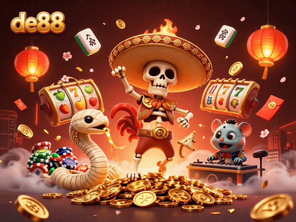 Experience thrilling wins at de88 with a vibrant 3D casino illustration showcasing a lively mariachi rooster celebrating jackpots amidst dancing characters and casino elements.