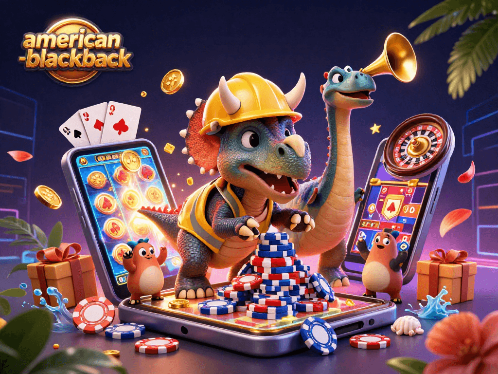 Experience thrilling american-blackjack gameplay with fun characters and vibrant casino elements.