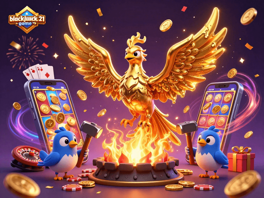 Experience blackjack-game21 with vibrant casino elements exploding with gold coins and dynamic game play.