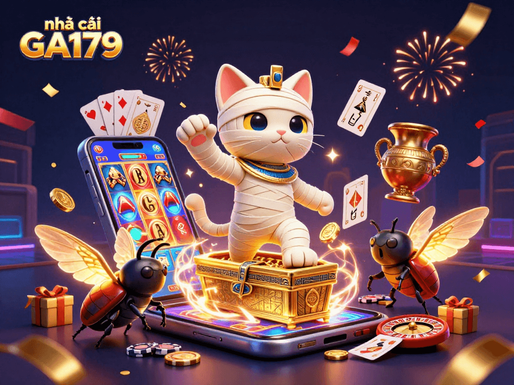 Experience thrilling action at nhà cái GA179 with this vibrant casino scene featuring iconic gaming elements.