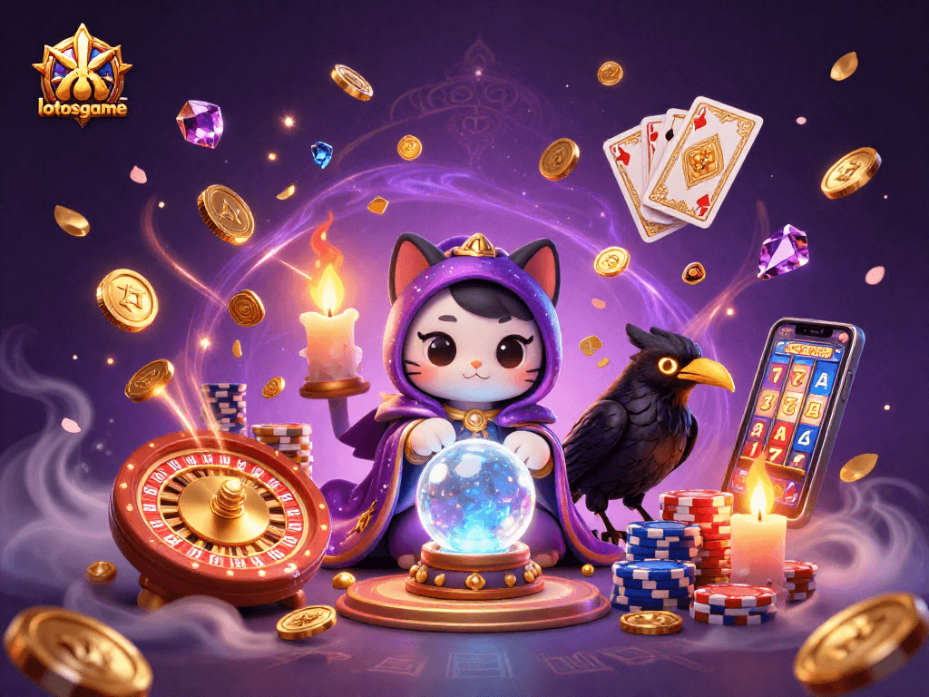 Engage with lotosgame in this vibrant, mystical casino scene featuring a fortune teller cat and glowing raven.