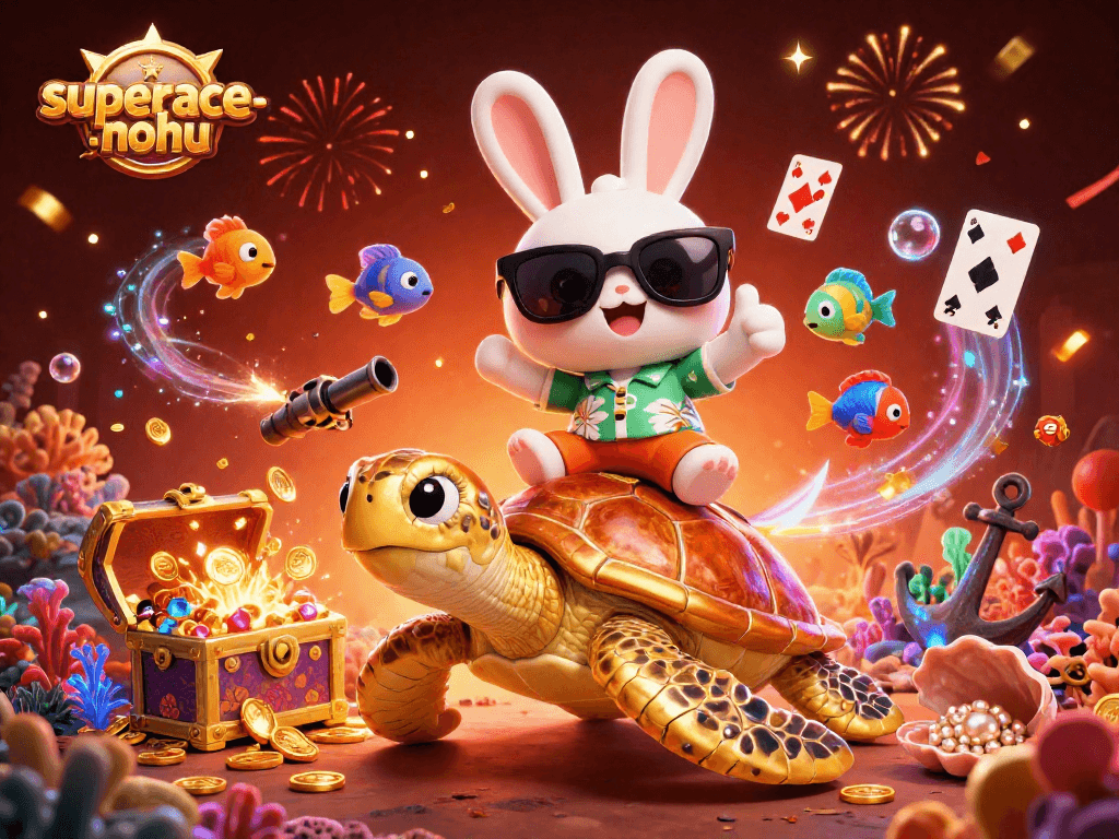 Experience the excitement of superace-nohu with a lucky rabbit and golden turtle in a vibrant casino-themed scene.