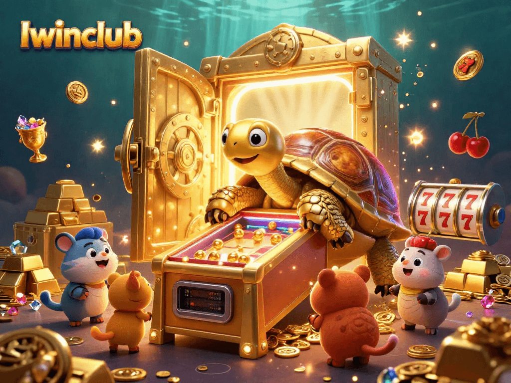 Iwinclub offers vibrant slot games with golden tortoise and treasures in a bustling casino scene