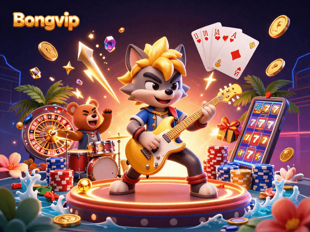 Bongvip's dynamic casino scene featuring cartoon wolf rockstar and drummer bear amidst golden coins and roulette elements.