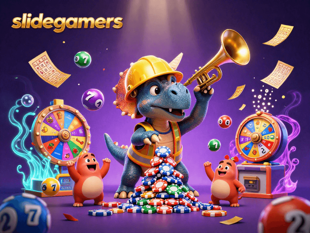 Experience winning moments with slidegamers as a triceratops builds a chip pyramid amidst vibrant casino elements.
