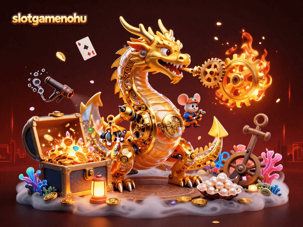 Experience the excitement of slotgamenohu with a golden dragon and treasure-filled scene.