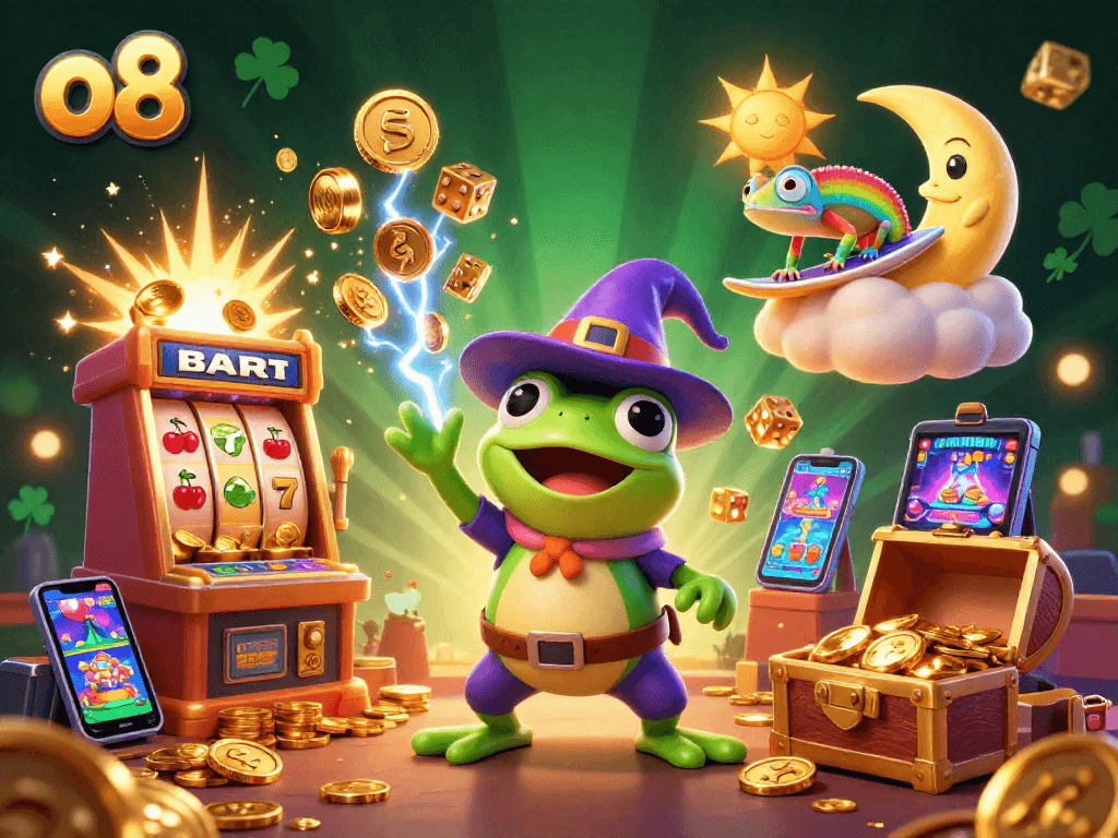 Engage with o8's thrilling casino excitement, featuring a magical scene of fun, games, and rewards.