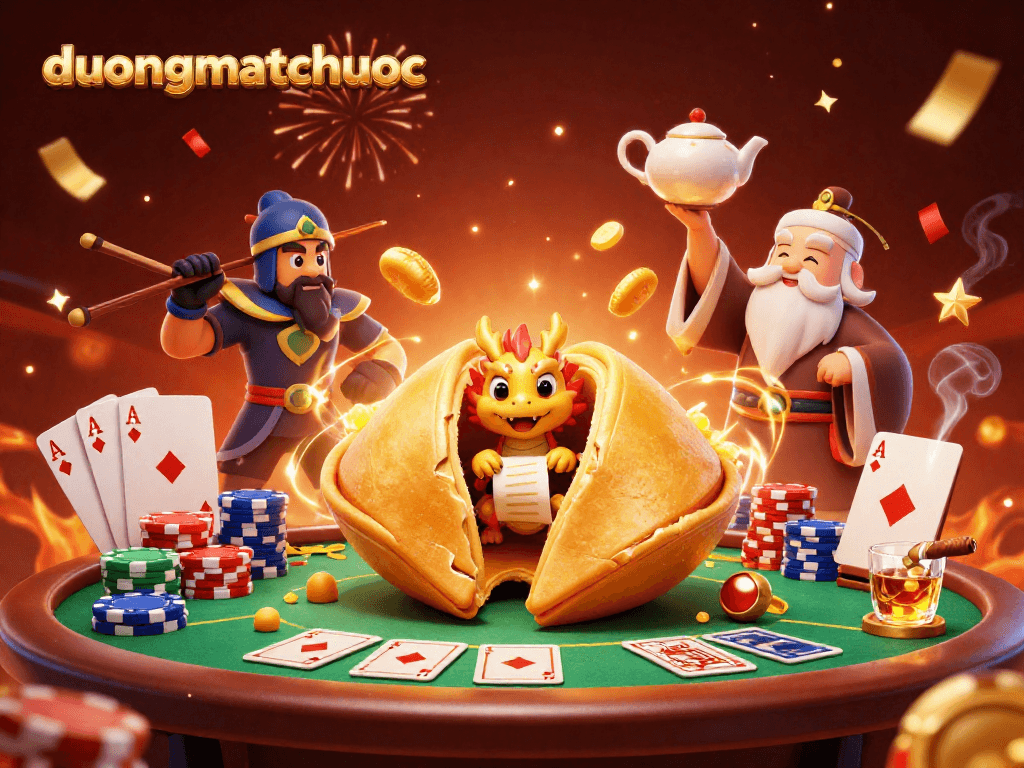 Experience duongmatchuoc with a vibrant 3D scene featuring fortune cookies and poker elements.