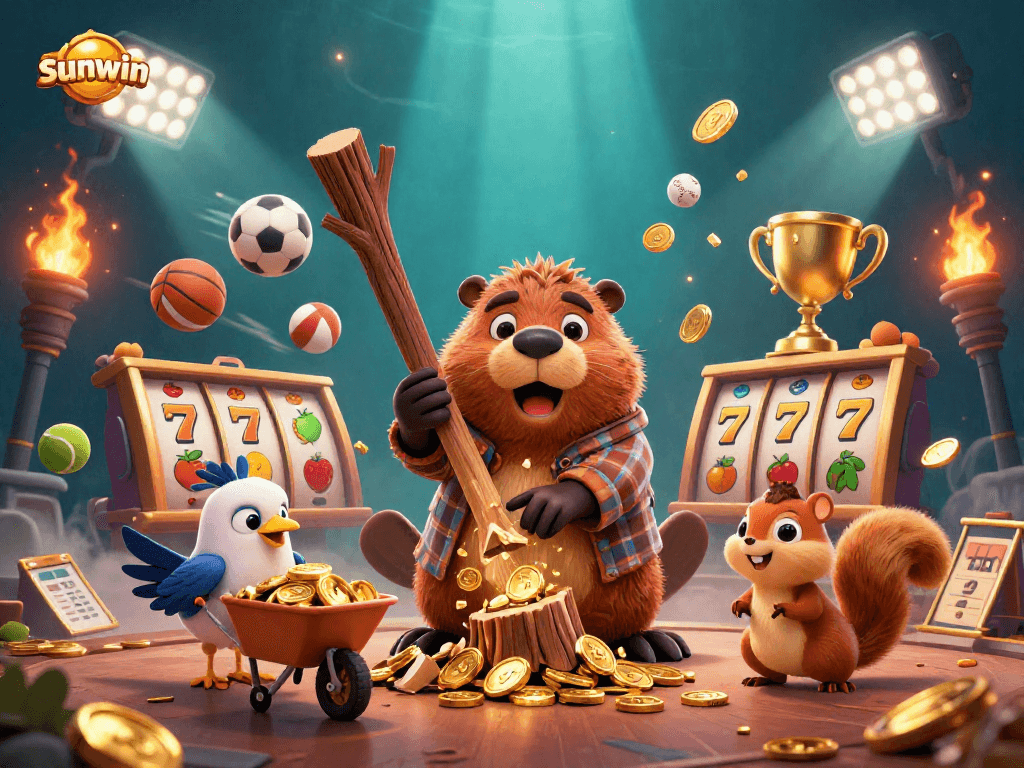 Experience the excitement of sunwin with gold coins raining down from a lumberjack in a vibrant casino scene.