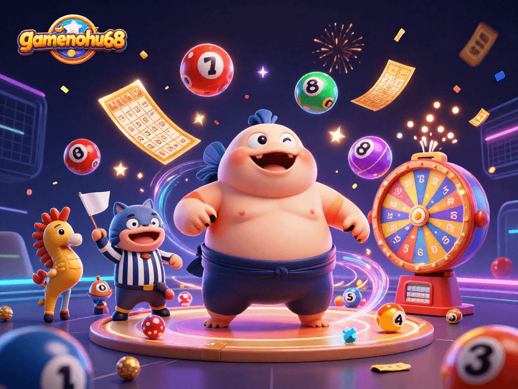 Join the fun at gamenohu68 with vibrant lottery scenes featuring a fugu sumo champion!