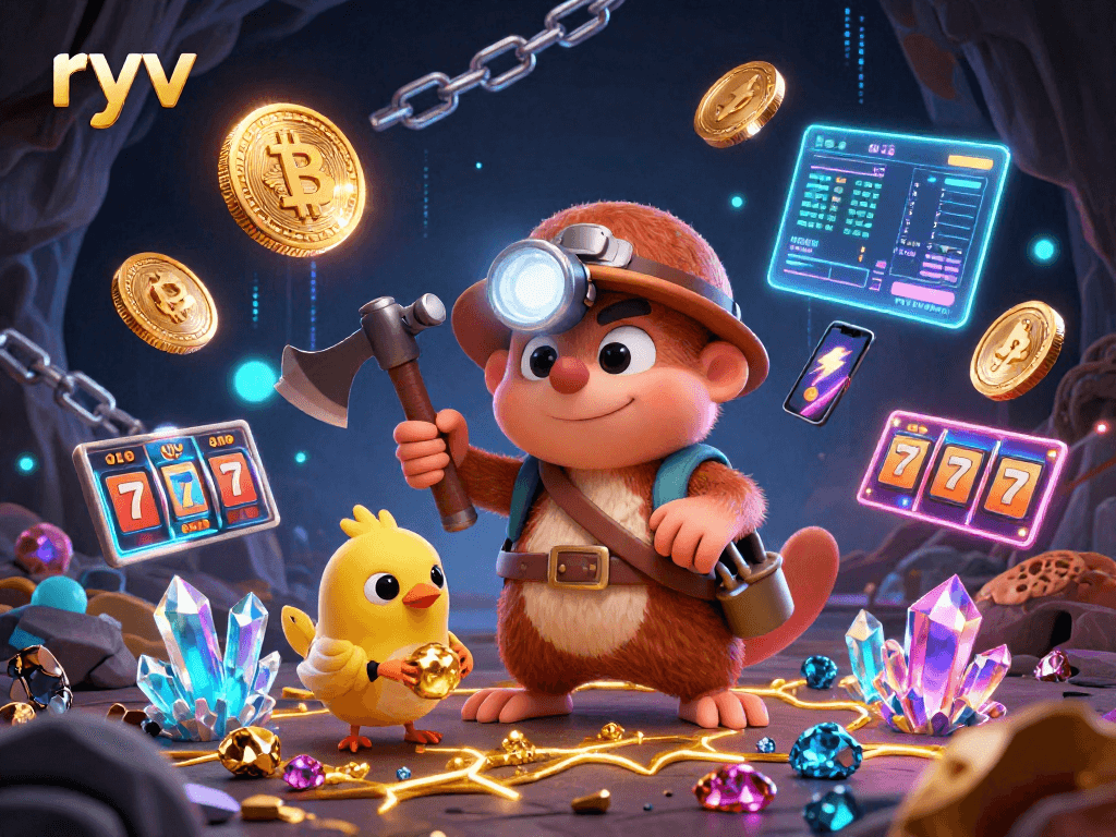Experience the thrill of gaming at ryv with a treasure hunter mole and his canary, surrounded by vibrant casino elements.