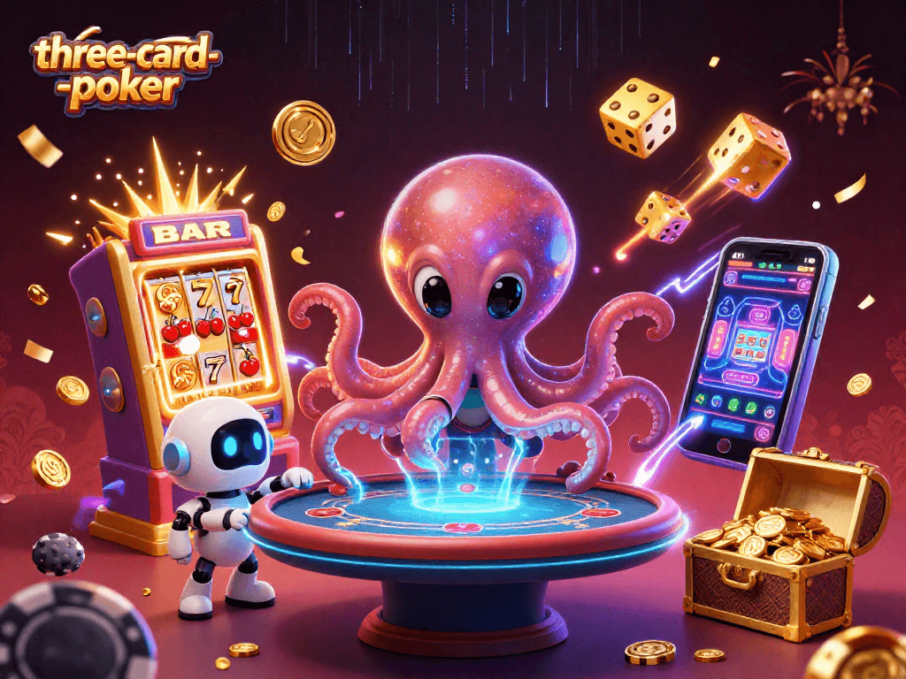 Engage in three-card-poker with a colorful alien octopus and floating poker elements in a dynamic casino scene.