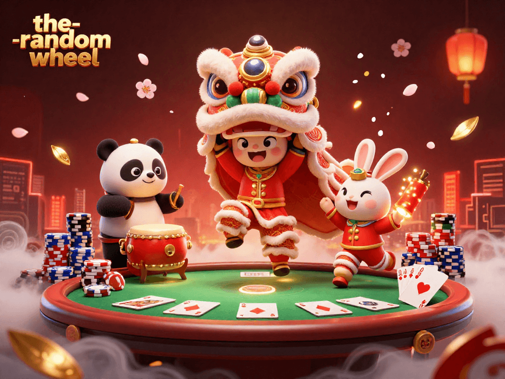 The-random-wheel spins into action with a vibrant lion dance and poker elements, creating an exciting casino atmosphere.