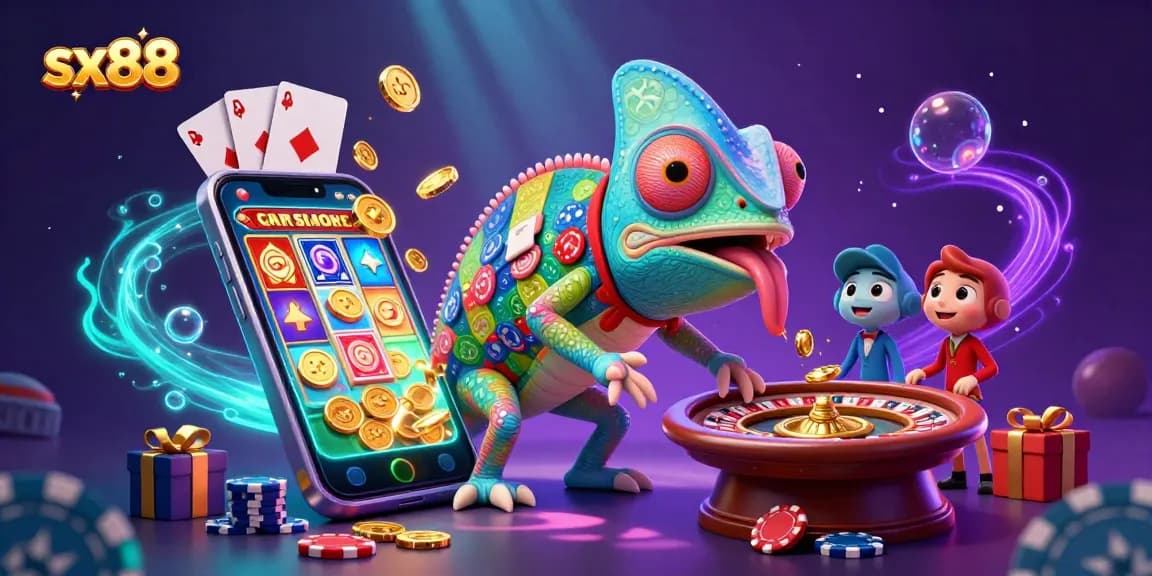 SX88 chameleon casino owner greedily snaps up golden coins amidst vibrant gaming action