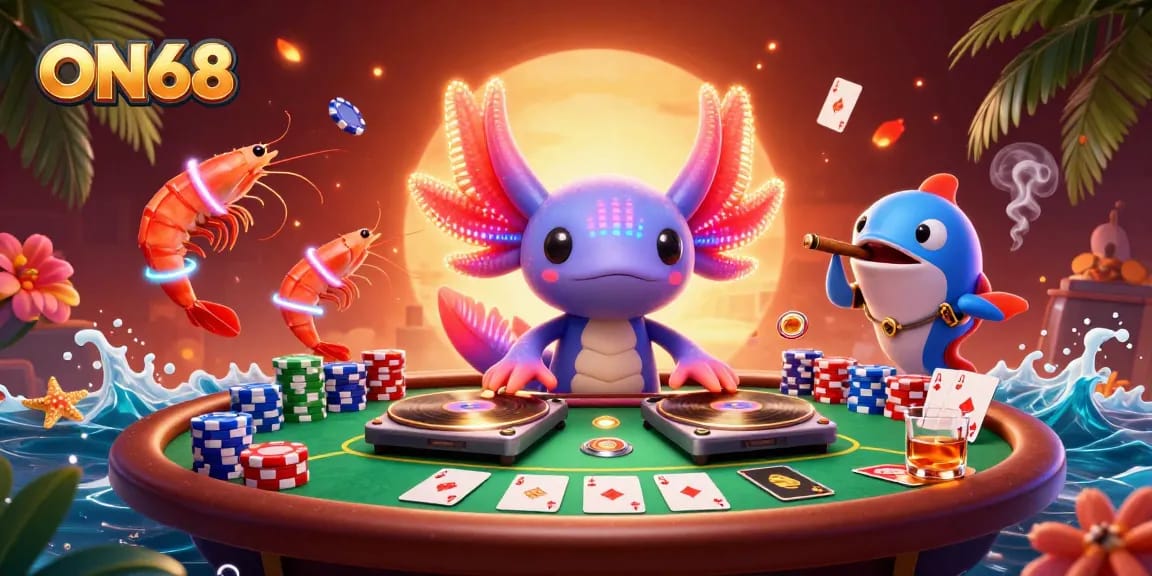 Join the excitement with ON68 as the vibrant neon-colored axolotl DJ spins records amidst dynamic casino action.