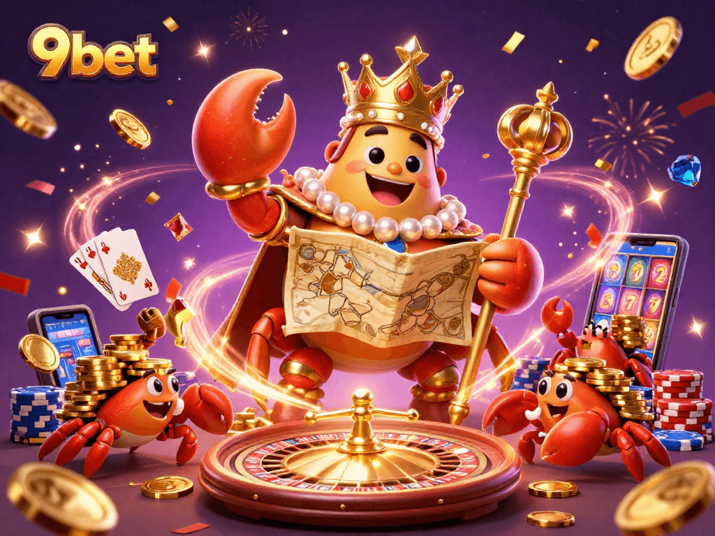 Experience the thrill at 9bet with a golden crab emperor leading the casino celebration.