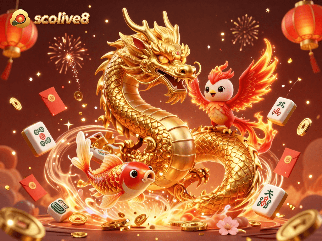 Engage with socolive8 for thrilling live sports betting, featuring a majestic dragon and golden koi amidst glowing coins.