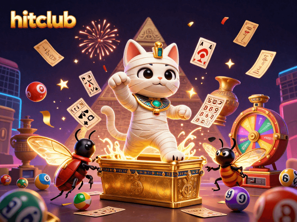 Join hitclub's vibrant games as a lively Egyptian mummy cat ignites the casino energy!