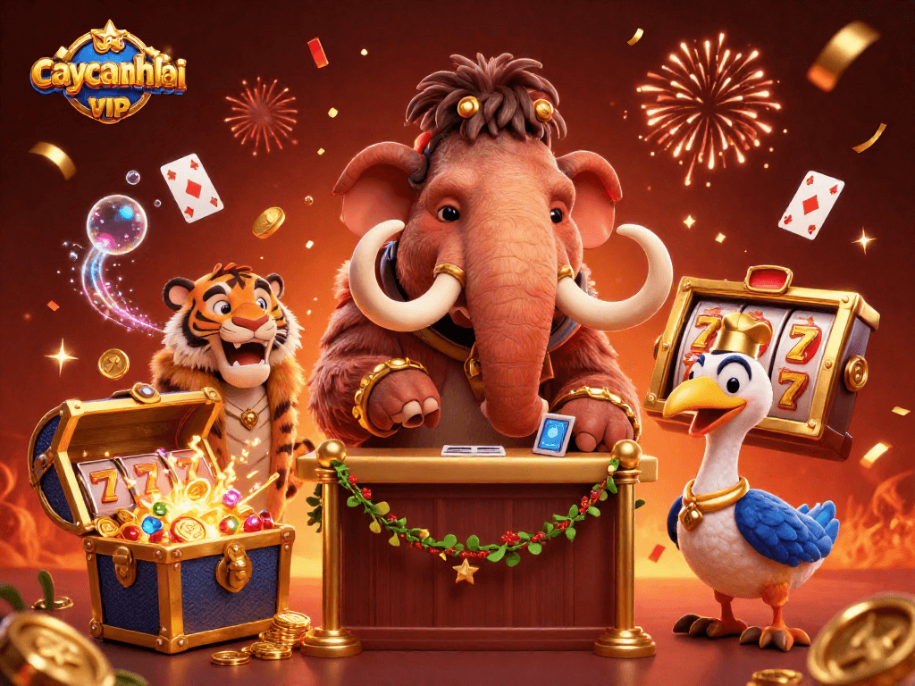 Experience the thrilling caycanhphattai casino adventure with a 3D woolly mammoth bouncer and VIP guests in an exciting scene.