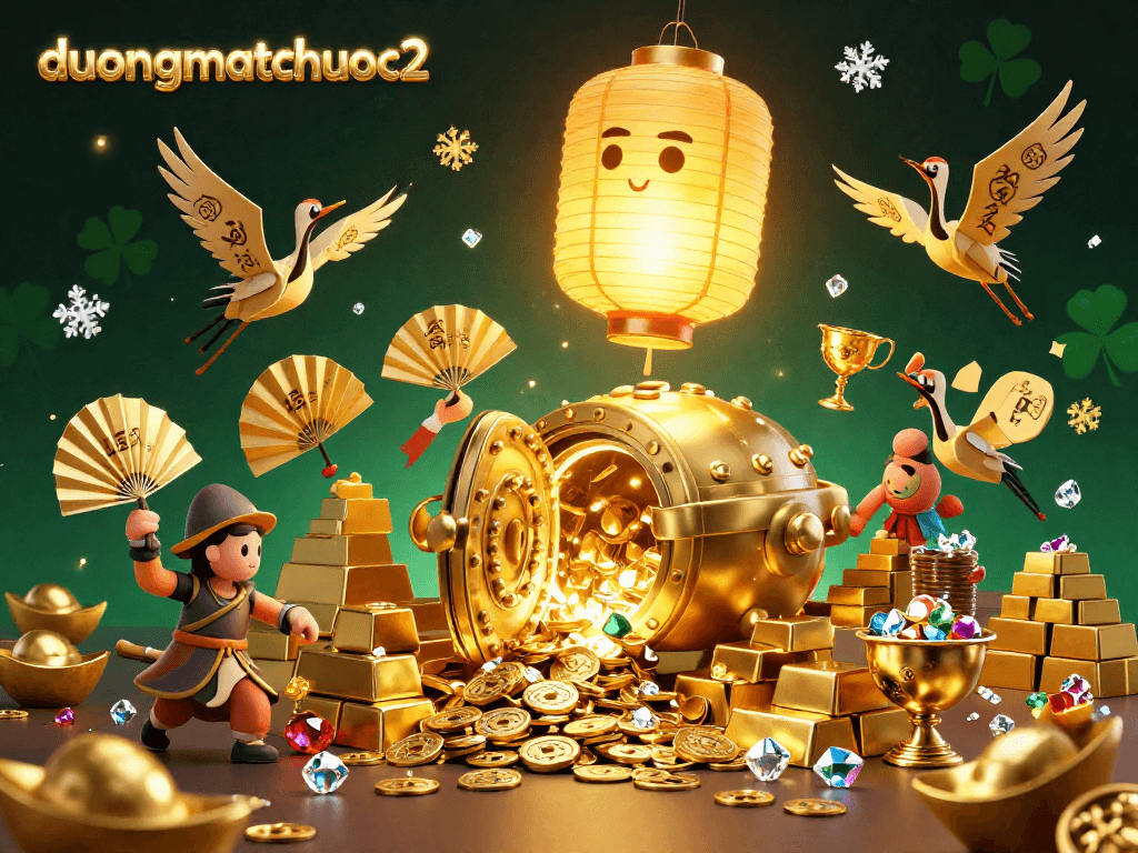 Engage in duongmatchuoc2 with a vibrant 3D casino scene featuring lucky symbols and golden treasures.