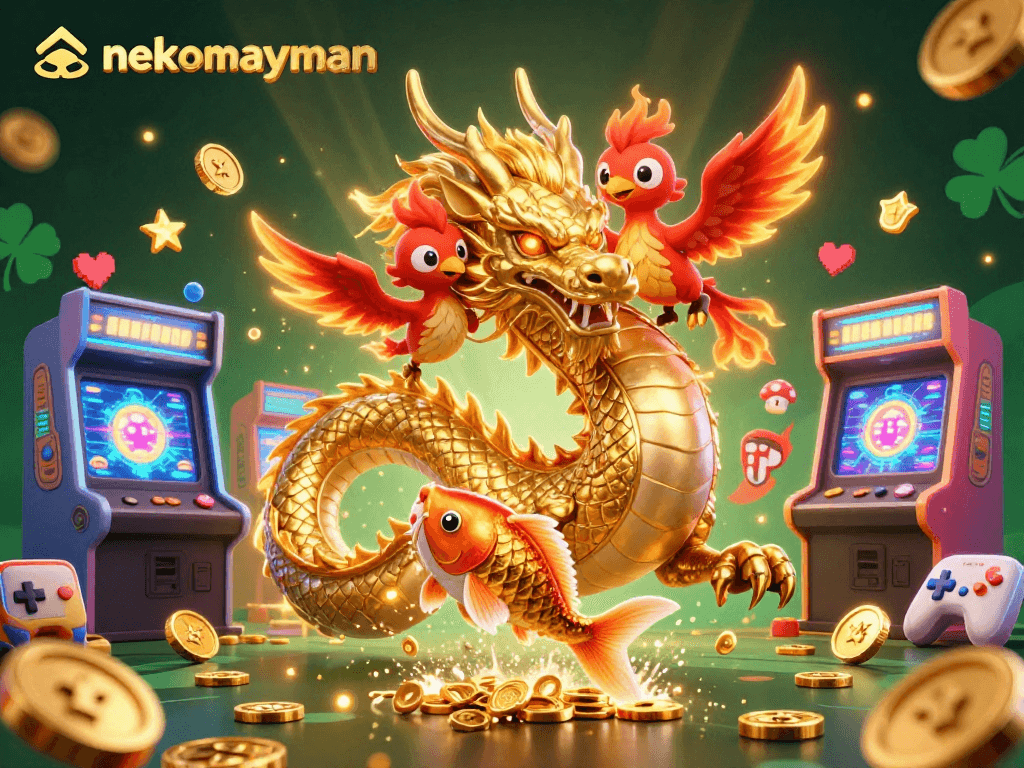 Neko May Man slot game action scene featuring a fierce dragon, phoenix, and koi fish.