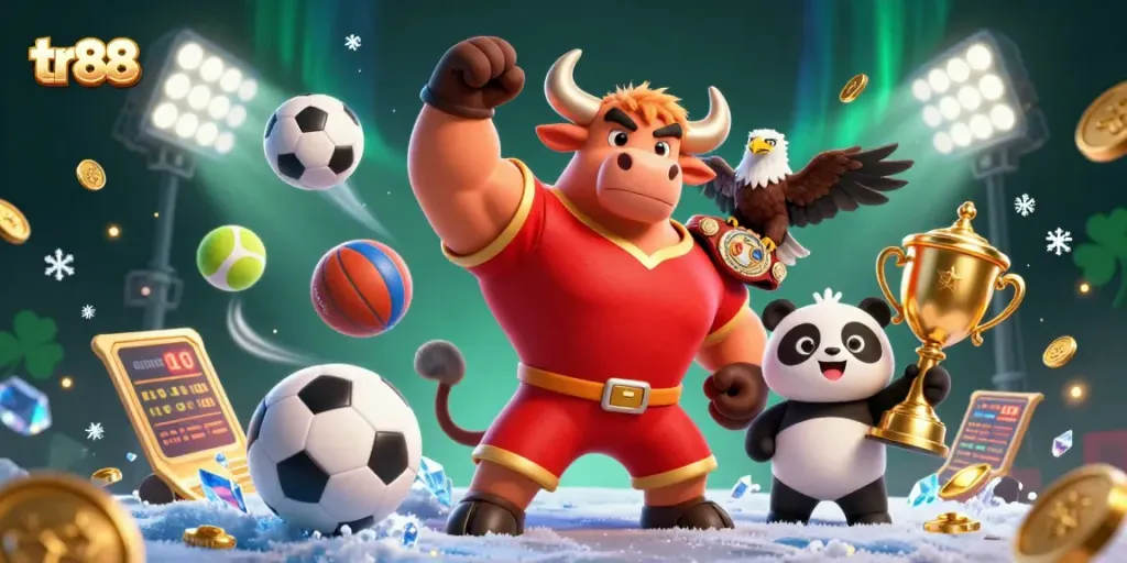 Win big at tr88 casino with our lively mascot trio showcasing vibrant sports elements and dynamic gameplay.