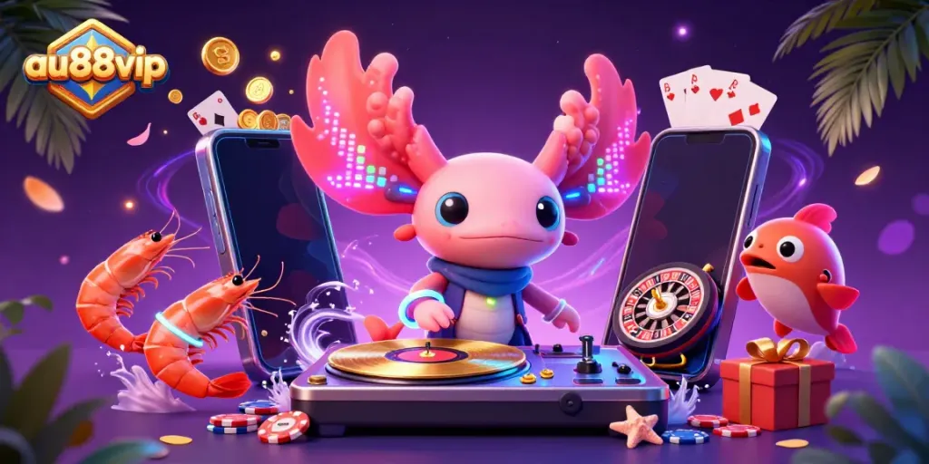 Experience the vibrant gaming world of au88vip with a neon axolotl DJ, dynamic slot games, and lively sea creatures.