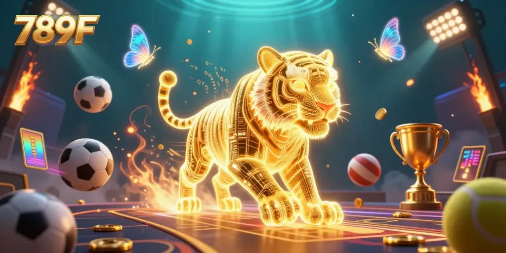 Engage with 789F's dynamic digital casino scene featuring a golden tiger and sports betting elements.