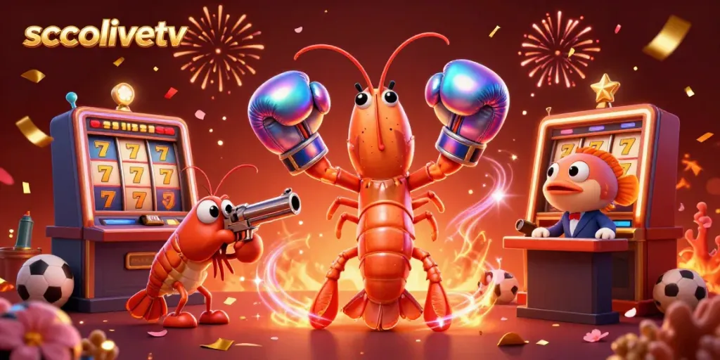 Socolivetv showcases a vibrant online casino scene with lucky shrimp characters, slot machines, and celebratory elements.