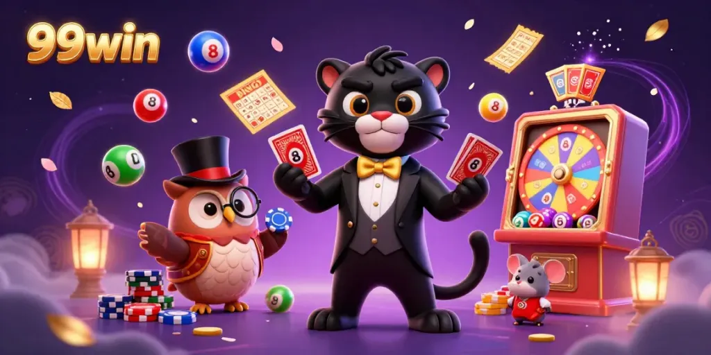 Experience thrilling moments with 99win as the cartoon characters engage in vibrant casino activities.