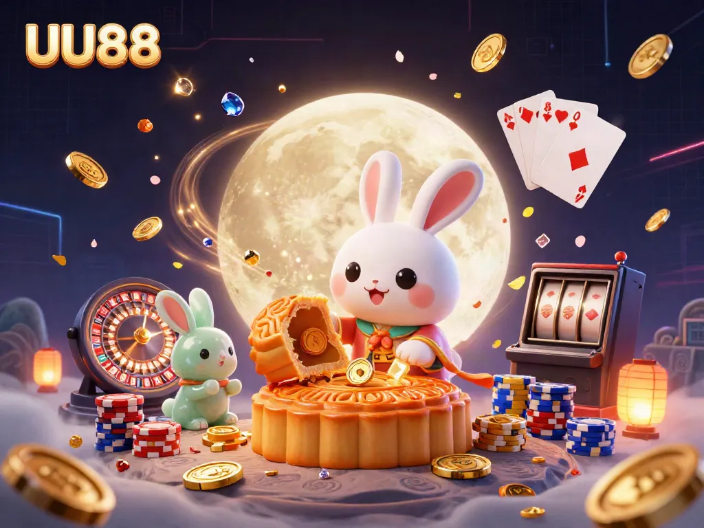 UU88 celebrates gaming with a dynamic moon-themed 3D illustration featuring rabbits, coins, and casino elements.